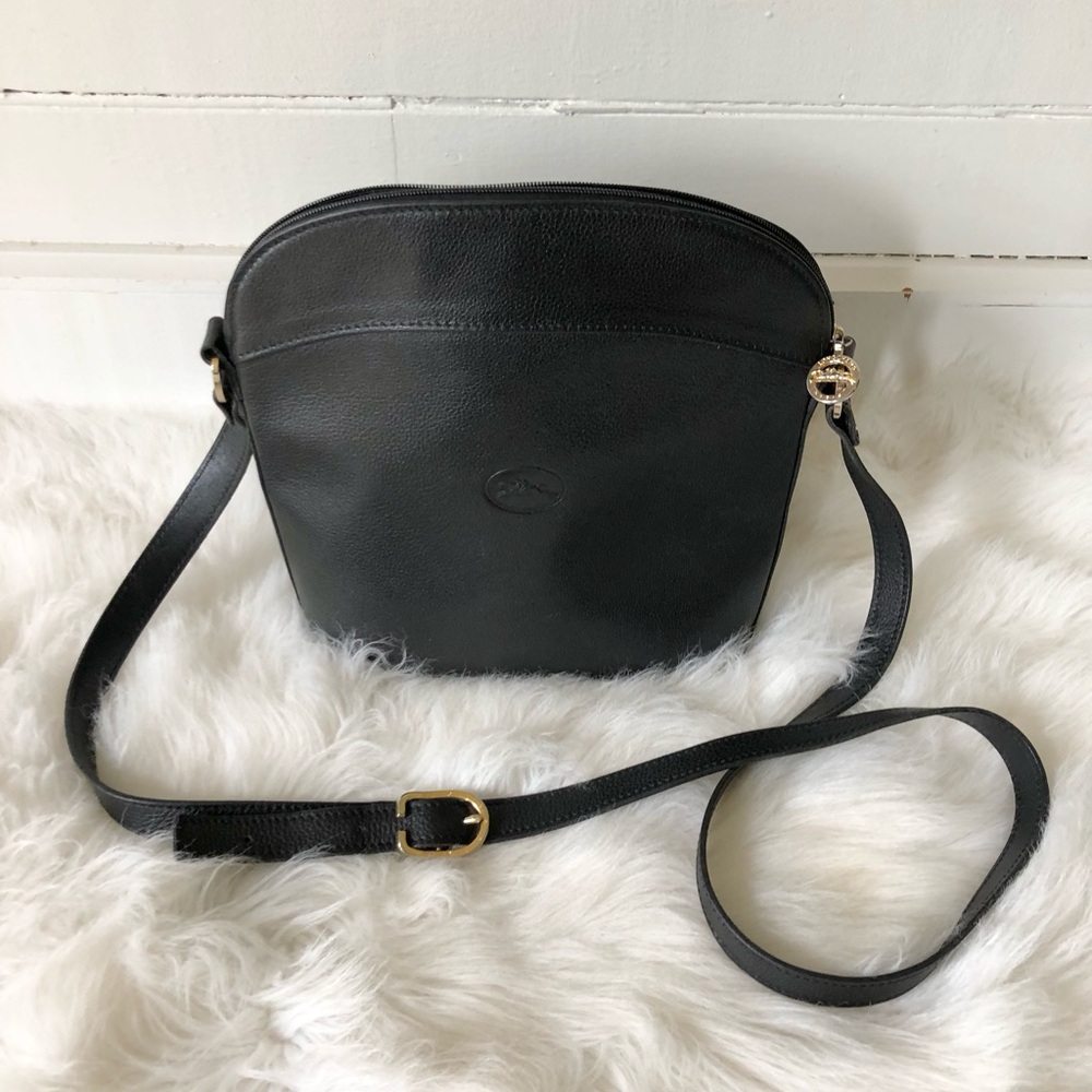 Longchamp Crossbody Bag Purse Leather Black Gold France.